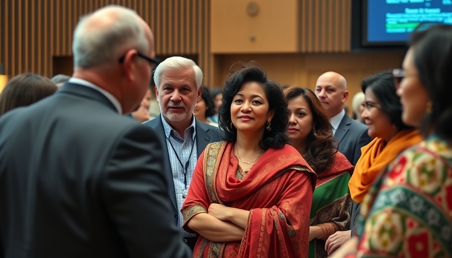 Delegates in traditional attire at UN, discussing cultural representation.