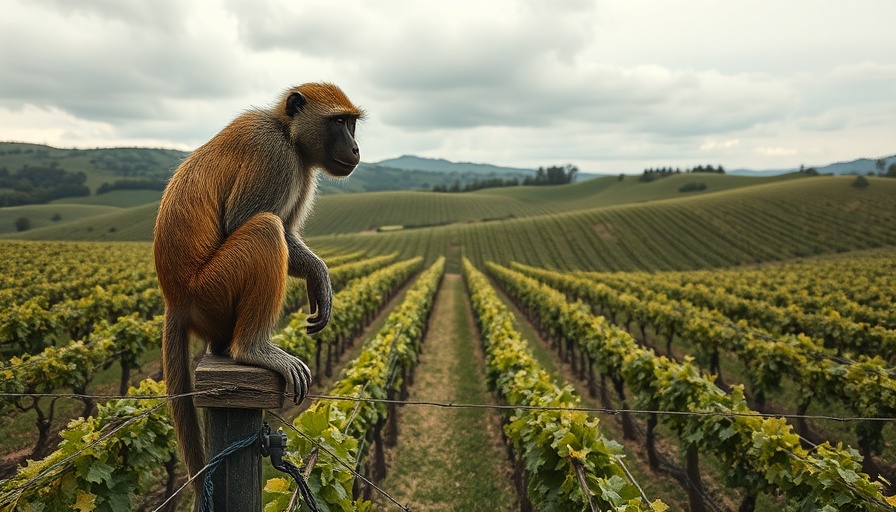Regenerative farming vineyard with baboon in South Africa.