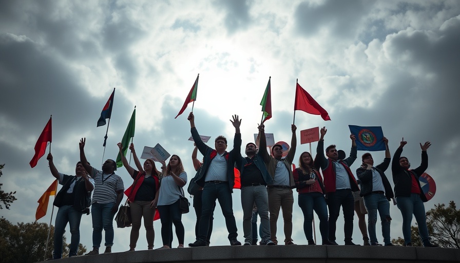 Protestors celebrate on archway after Sahel Quits ICC, cloudy scene.