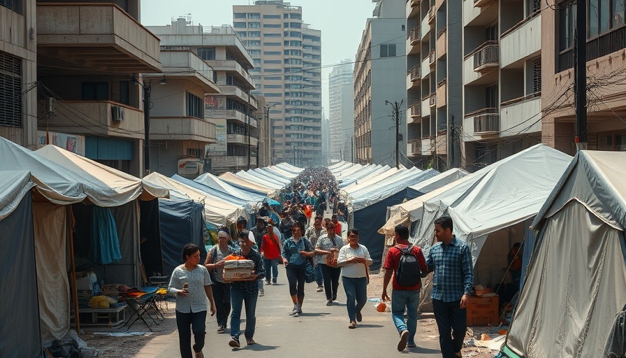 Urban street with temporary shelters in conflict zone