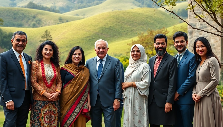 Group gathering in front of a hilly landscape