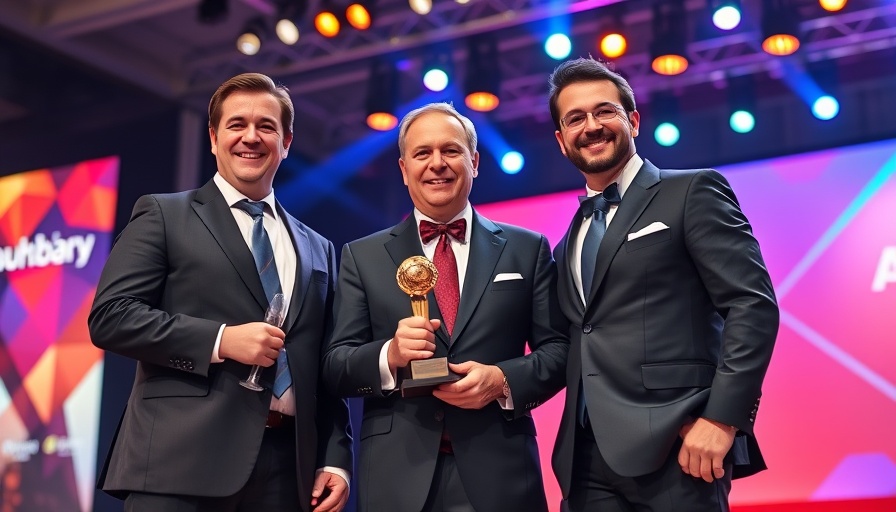FPL Media Awards ceremony with three men on stage holding an award.
