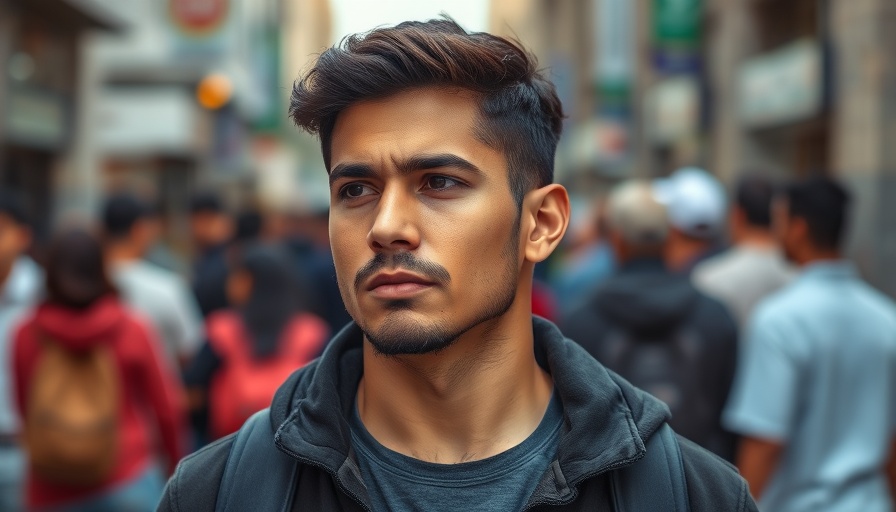 Close-up of a thoughtful man in a crowd related to asylum case.