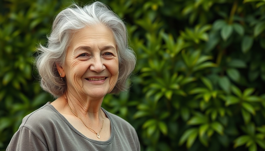 Jane Goodall conservation legacy depicted by an elderly woman smiling gently against a green foliage background.