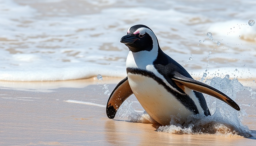African penguin emerging from ocean, highlighting extinction efforts.