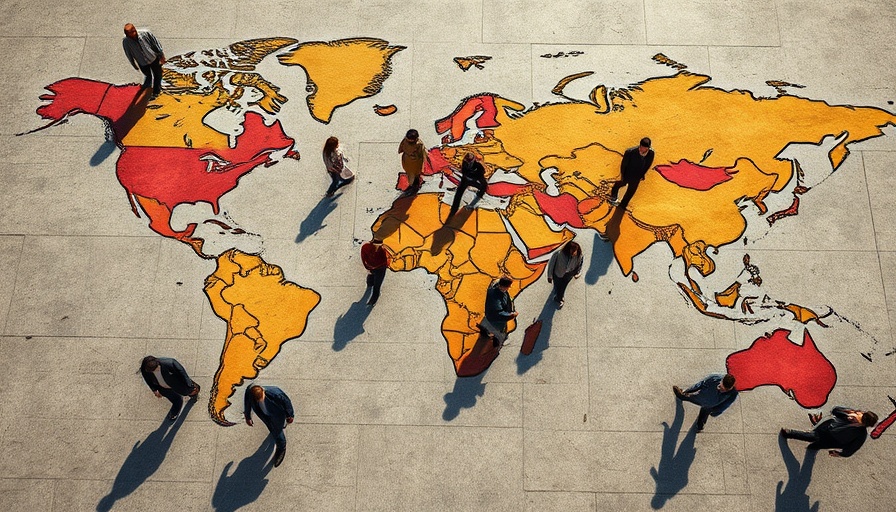 Global mobility concept with people walking on a world map.