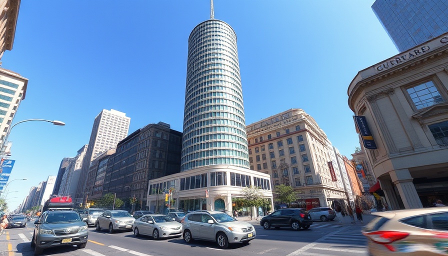 City street with tall cylindrical building under a clear blue sky.