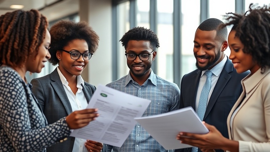 Dynamic African business team collaborating on payroll outsourcing tasks in a modern office.