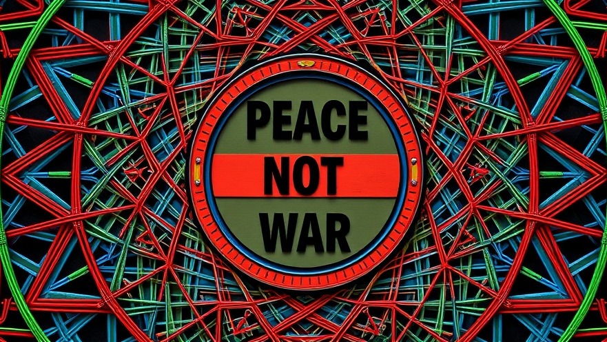 Colorful abstract pattern with 'PEACE NOT WAR' message, highlighting Middle East conflict.