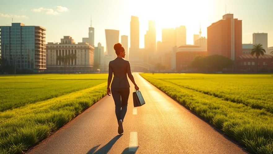 Businessman walking towards city, symbolizing leadership skills.