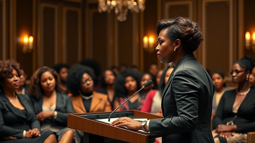 Confident African woman entrepreneur speaking at a women empowerment event.