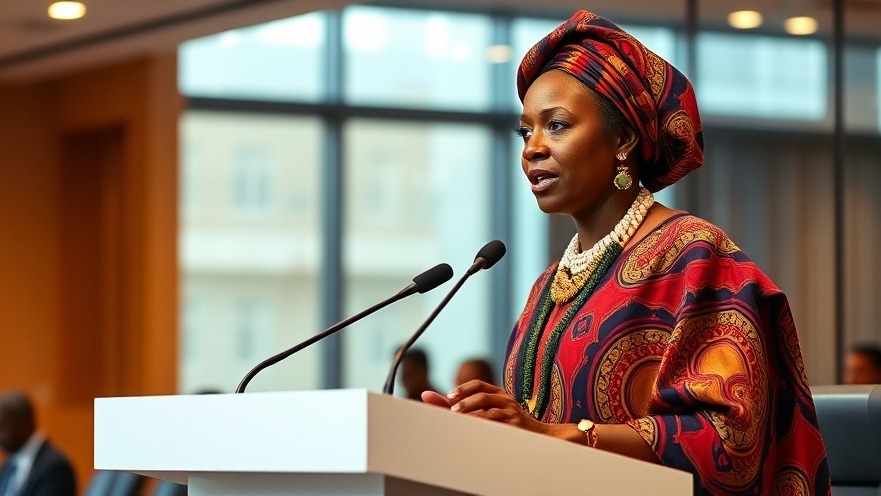 Confident African woman in traditional attire promoting women empowerment in Africa at a podium.