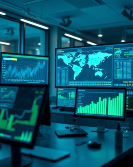 sleek analytics visualizations, insightful, showcasing global sales trends, photorealistic, a modern workspace with digital interfaces, highly detailed, animated data transformations, sharp focus, cool blues and greens, directional lighting, shot with a Nikon AF-S 35mm f/1.4G lens.