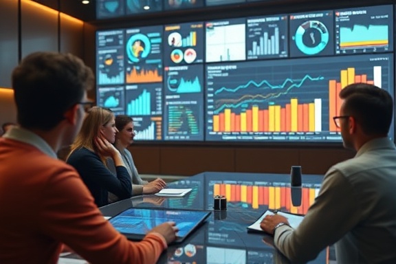 innovative analytics insights, focused, interpreting social media metrics, photorealistic, a collaborative meeting room with smart panels, highly detailed, flowing data streams, high contrast, warm tones, studio lighting, shot with a Sony FE 24-70mm f/2.8 GM lens.