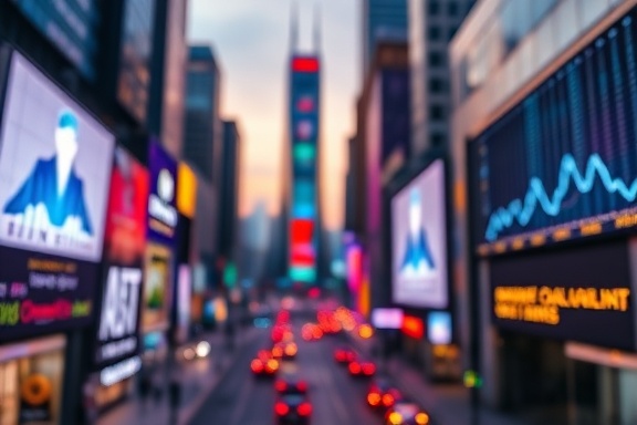 dynamic analytics trends, exploratory, projecting financial forecasts, photorealistic, a futuristic cityscape with digital billboards, highly detailed, glowing data lines, bokeh effect, electric purples and neon yellows, dusk lighting, shot with a Fujifilm XF 16-55mm f/2.8 R LM WR lens.