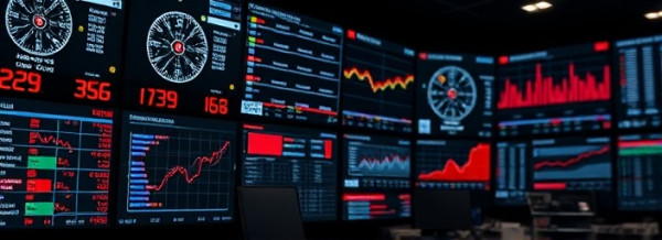 advanced analytics data, comprehensive, monitoring network activity, photorealistic, a multi-screen control room with LED displays, highly detailed, moving numbers and graphs, crisp resolution, monochrome with red highlights, backlit lighting, shot with a Panasonic Lumix G Leica DG Nocticron 42.5mm f/1.2 ASPH lens.