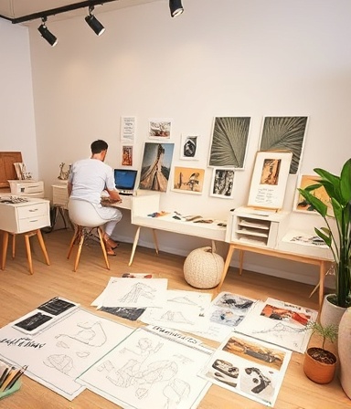 creative event planning, visionary designer, drafting, photorealistic, stylish workspace with mood boards and sketches, highly detailed, evolving ideas and concepts, precise clarity, pastel color palette, diffuse overhead lighting, shot with a 85mm lens.