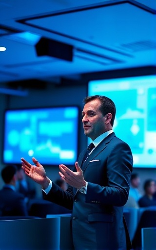 strategic event strategy, confident leader, presenting, photorealistic, corporate setting with digital presentations, highly detailed, engaging presentation dynamics, high resolution, cool blue hues, focused spot lighting, shot with a 70-200mm lens.
