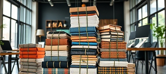 versatile packages bundle, amazed, stacked together neatly, photorealistic, inside a trendy co-working space with modern decor, highly detailed, various textures and reflections, full-frame, vibrant multicolor, diffused natural lighting, shot with a 50mm lens.