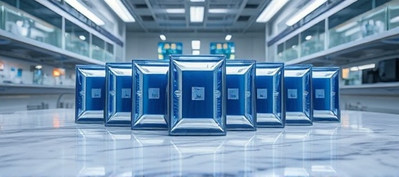 innovative packages deal, focused, organized symmetrically, photorealistic, on a sleek marble countertop in a high-tech lab environment, highly detailed, with reflections of digital holograms, macro, deep blue and chrome, high-intensity overhead lighting, shot with a macro lens.