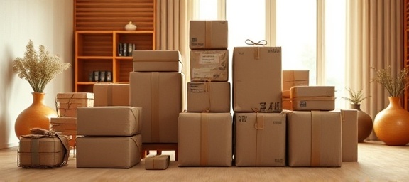 comprehensive packages kit, intrigued, displayed in a pyramid formation, photorealistic, in a sunlit minimalist room with wooden elements, highly detailed, subtle background movements, high-definition, warm earth tones, soft natural window lighting, shot with a 24mm lens.