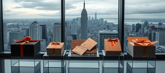 exclusive packages collection, inspired, showcased on clear acrylic stands, photorealistic, against a panoramic cityscape window view, highly detailed, gentle fluttering of papers, ultra-HD, grayscale with hint of gold, crisp evening lighting, shot with an 85mm lens.