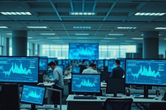 compact digital packages, curious, laid out in a sequence, photorealistic, inside a bustling office environment, highly detailed, flowing graphics on screens, 8K resolution, cool blue and teal hues, diffused artificial lighting, shot with a 16mm lens.