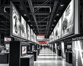 innovative packages deal, analytical, aligned in a pattern, photorealistic, surrounded by digital billboards in a tech expo, highly detailed, flickering lights from displays, medium format, monochrome with neon accents, sharp spotlighting, shot with a 50mm lens.
