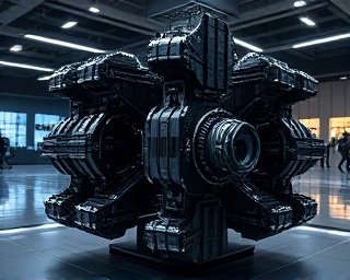 comprehensive packages kit, puzzled, compacted tight in a geometric layout, photorealistic, in a space-themed exhibition hall, highly detailed, with rotating mechanical parts, high-resolution, metallic blacks with silver linings, dimmed futuristic lighting, shot with a 28mm lens.