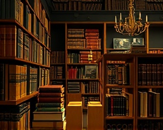 exclusive packages collection, keen, arranged with care, photorealistic, in an opulent library filled with old books, highly detailed, steady camera-like pans, 4K quality, rich browns and gold accents, warm moody lighting, shot with a 70mm lens.
