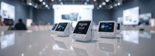 compact digital packages, attentive, placed on a reflective surface, photorealistic, in a cutting-edge product launch venue, highly detailed, soft soundwaves visualized, ultra-HD, soft white and gray tones, bright studio lights, shot with a 35mm lens.