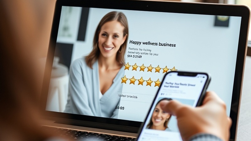 Happy clients leaving 5-star reviews for a wellness business on a laptop.