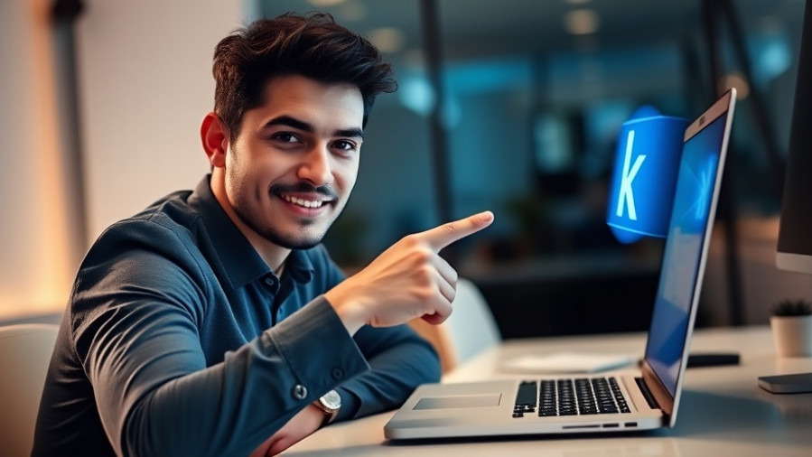 Confident digital marketer pointing at glowing web link on laptop in serene office.