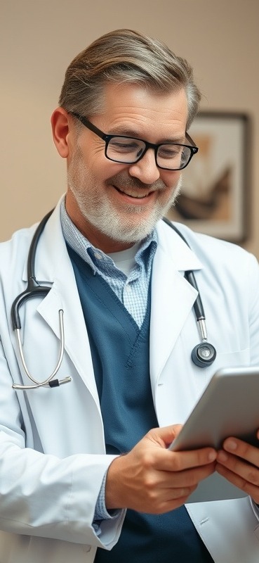Happy doctor using tablet to check patient records.