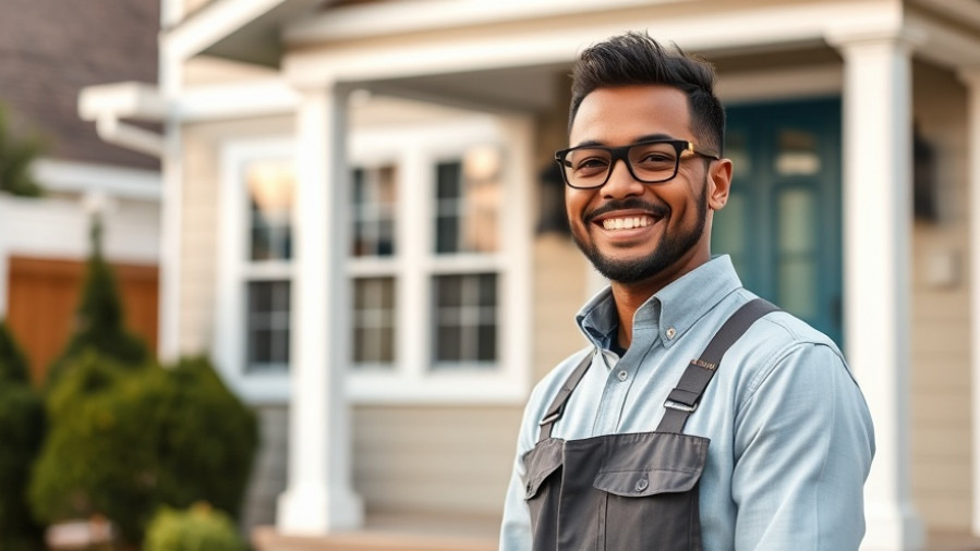 Confident small business owner smiling outside renovated home, earthy tones
