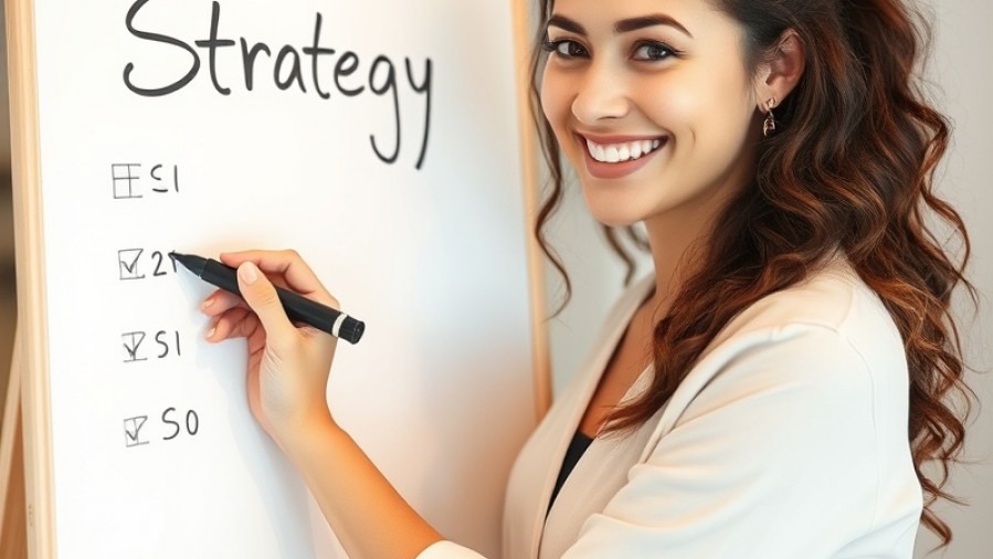 Spa owner joyfully outlining her strategy on a whiteboard.