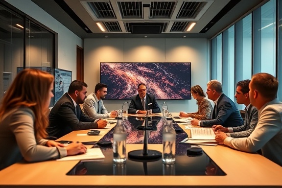 strategic agency meeting, focused, discussing plans, photorealistic, large conference room with a sleek table and tech gadgets, highly detailed, animated discussions, crisp clarity, warm tones, overhead lighting, shot with a 50mm lens.