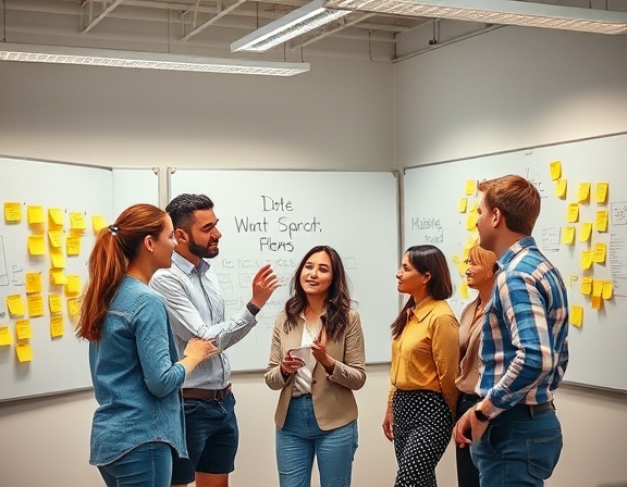 dynamic agency team, enthusiastic, brainstorming ideas, photorealistic, collaborative workspace with whiteboards and sticky notes, highly detailed, diverse team members interacting, bright colors, artificial office lighting, shot with a 24mm lens.
