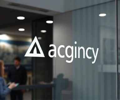 sleek agency logo, bold, representing brand identity, photorealistic, prominently displayed on a glass wall with reflections, highly detailed, subtle movements of reflections, clear definition, monochromatic scheme, ambient lighting, shot with a macro lens.