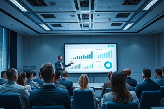 expert specialization expertise, confident expression, presenting, photorealistic, a modern conference room with a large screen displaying graphs, highly detailed, attendees listening intently, crisp details, cool blue and gray tones, overhead fluorescent lighting, shot with a 35mm lens.