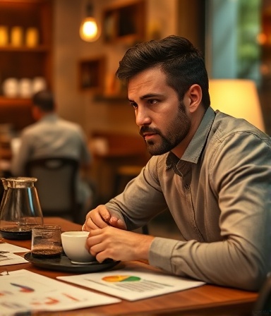 niche specialization market, inquisitive expression, strategizing, photorealistic, a cozy cafe setting with multiple charts and notes on a table, highly detailed, ambiance of coffee brewing and casual but focused conversations, sharp imagery, warm browns and beiges, evening soft lamp light, shot with an 85mm lens.