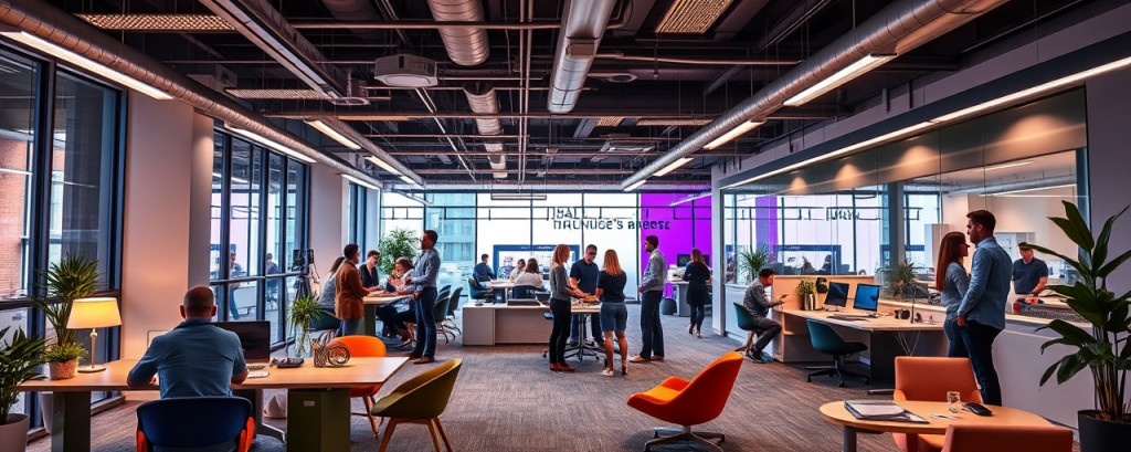 cutting-edge agency office, vibrant, team networking, photorealistic, contemporary setting with innovative design elements like modular furniture, highly detailed, lively conversations, rich saturation, mixed lighting setup, shot with a wide-angle lens.