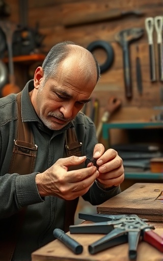 dedicated specialization niche, determined expression, developing ideas, photorealistic, a rustic workshop filled with creative tools and prototypes, highly detailed, motion of hands actively crafting a project, precise clarity, earthy tones, directional spot lighting, shot with a 105mm macro lens.