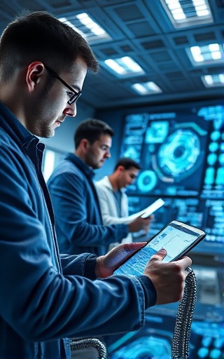 innovative specialization market, inspired expression, brainstorming, photorealistic, a futuristic lab with holographic displays and advanced technology, highly detailed, movement of holograms and team collaboration, impeccable sharpness, metallic blues and silvers, LED backlit environment, shot with a wide-angle 16mm lens.