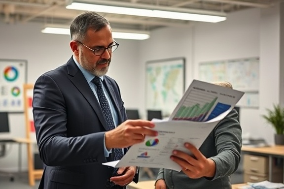 tactical marketing tactics, determined, analyzing data, photorealistic, open space office with charts and graphs, highly detailed, strategic planning, 1/200s shutter speed, clear colors, fluorescent lighting, shot with a 35mm lens.