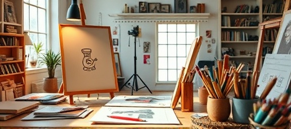 creative marketing creativity, inspired, sketching ideas, photorealistic, creative studio with art supplies, highly detailed, innovative thought process, f/2.8, warm tones, soft directional lighting, shot with a 24mm lens.