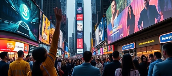 engaging marketing campaign, enthusiastic, launching, photorealistic, bustling urban setting with billboards and screens, highly detailed, target audience interaction, ISO 400, bold colors, street lighting, shot with a 70-200mm lens.