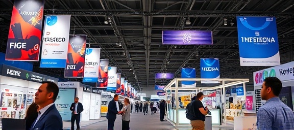 strategic marketing campaign, confident, networking, photorealistic, modern exhibition hall with banners, highly detailed, professional connections, f/4, corporate colors, spotlight lighting, shot with a 135mm lens.