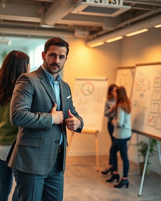 cutting-edge marketing strategies, confident stance, strategizing, photorealistic, open office with brainstorming sessions and whiteboards, highly detailed, interactive presentations, f/2.8, warm tones, ambient indoor lighting, shot with a 50mm lens.