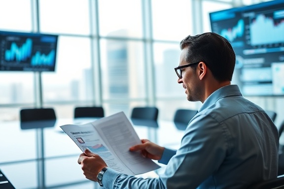 current marketing analysis, focused expression, examining reports, photorealistic, corporate boardroom with panoramic windows and digital screens, highly detailed, data projections floating, f/5.6, cool tones, soft diffused lighting, shot with an 85mm lens.